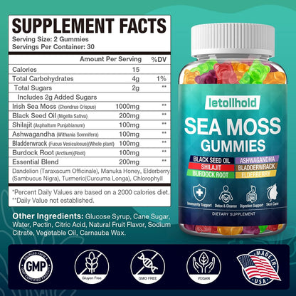 Sea Moss Gummies - Irish Sea Moss Gummies Advanced for Adults with Ashwagandha, Bladderwrack & Burdock Root