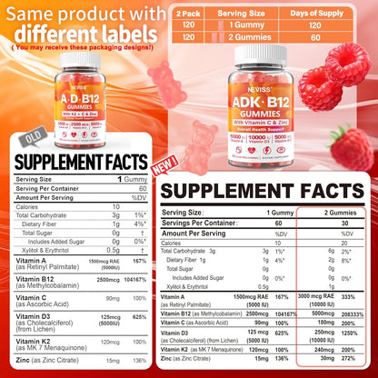 NEVISS Sugar-Free ADK + Vitamin B12 Gummies – Multivitamin with D3, K2 (MK-7), A, C, Zinc, Methyl B12 – Vegan, 120 Gummies