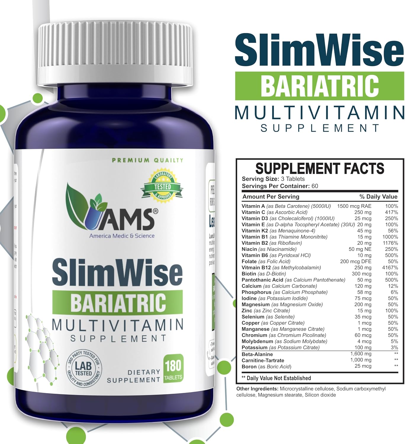 America Medic & Science SlimWise Bariatric Multivitamin – 180 Caplets (2-Month Supply) – Post-Gastric Bypass & Sleeve Gastrectomy Support with Iron, B12, Vitamin D3, Folate – Easy-to-Swallow - görsel 6