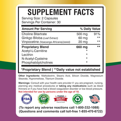 Cavintona Advanced Supplement – Vinpocetine 20mg for Memory, Recall and Brain Health – Supports Cognitive Function, Focus, Mental Clarity and Blood Flow – 60 Capsules