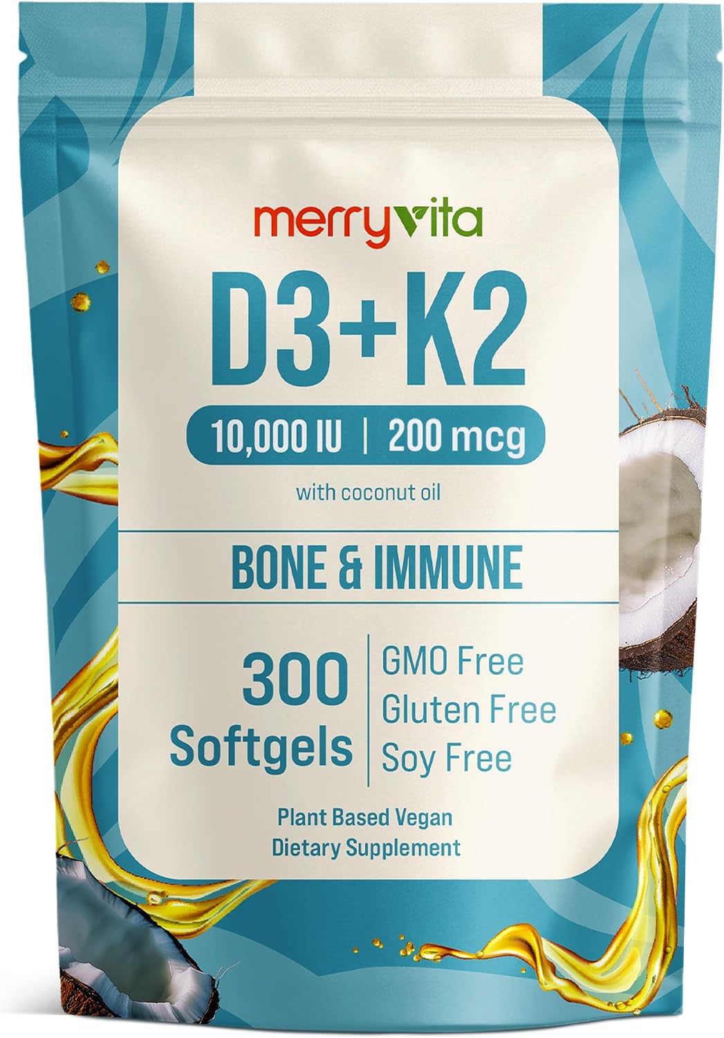 MERRY VITA Vitamin D3 K2 300 Soft gel capsules – 10,000 IU & 200 MCG K2 MK7 – Plant-Based, Vegan, Non-GMO, Gluten-free – Coconut Oil – Immune, Bone and Muscle Support - görsel 1