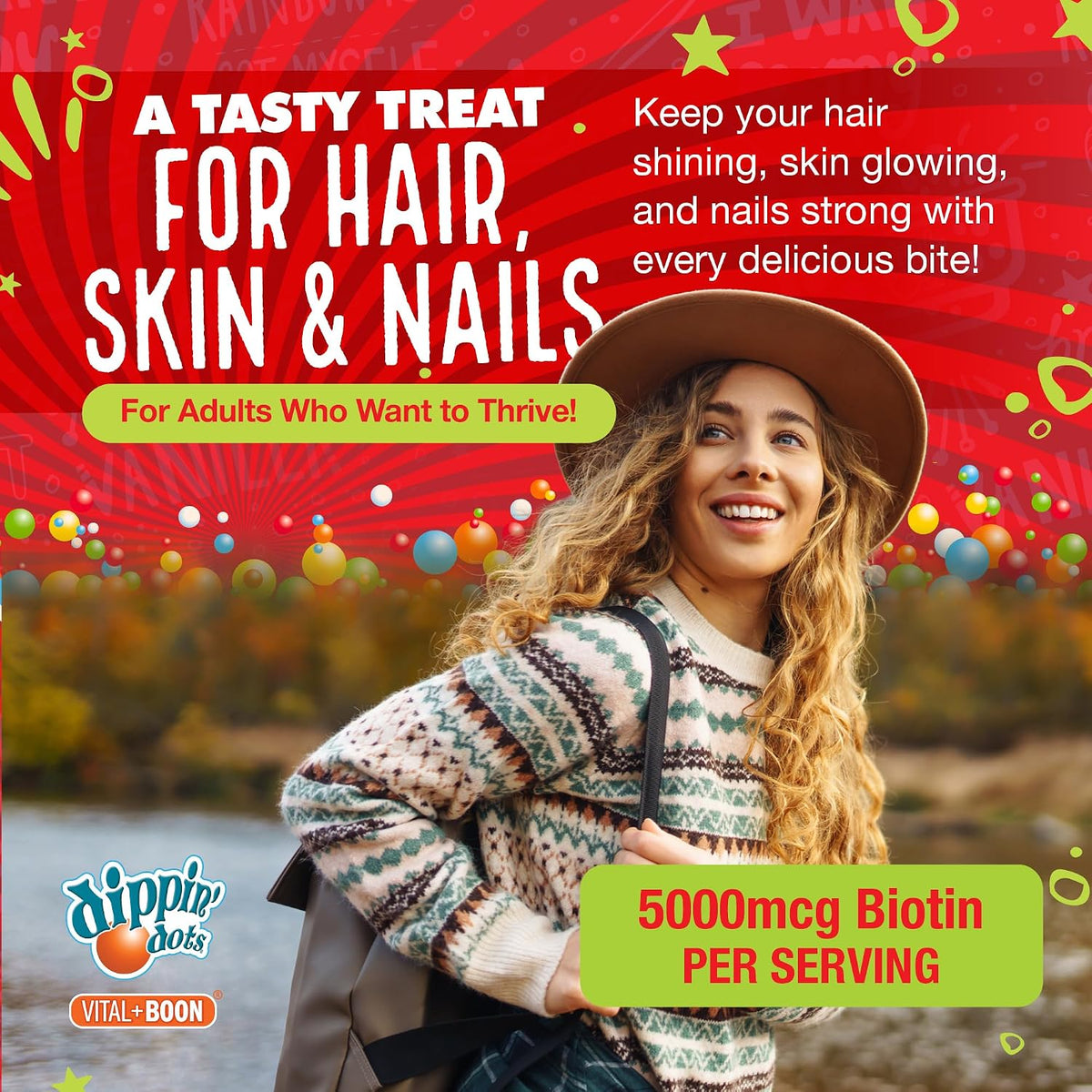 Dippin' Dots High Potency Biotin Gummies 5000mcg – Hair, Skin & Nails – Raspberry – 60-Day Supply (Pack of 2) - görsel 2