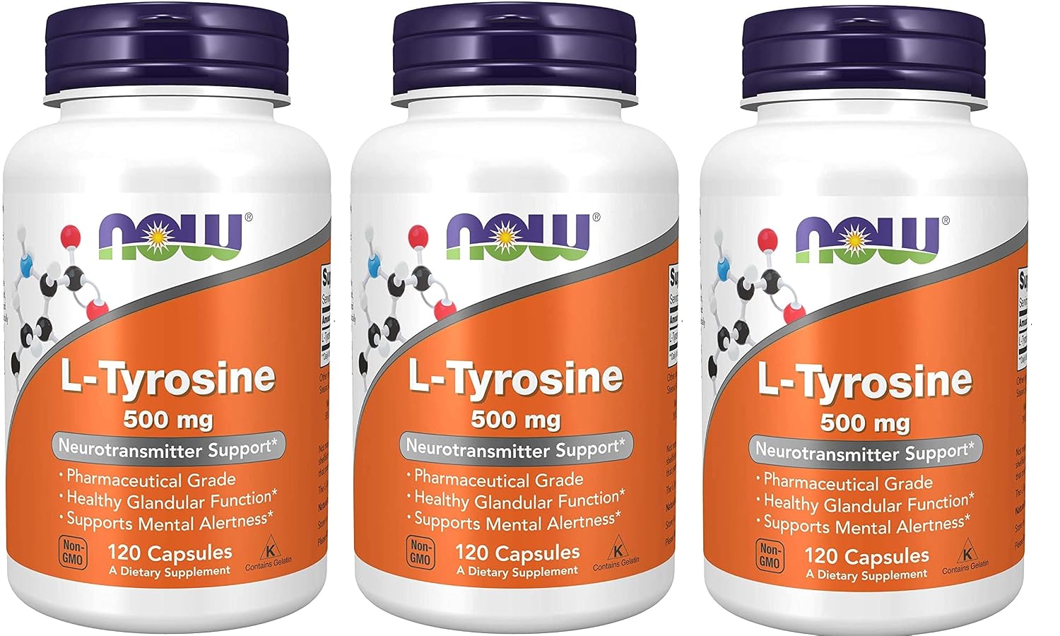 NOW Foods L-Tyrosine 500 mg, 120 Capsules (Pack of 3) - görsel 1