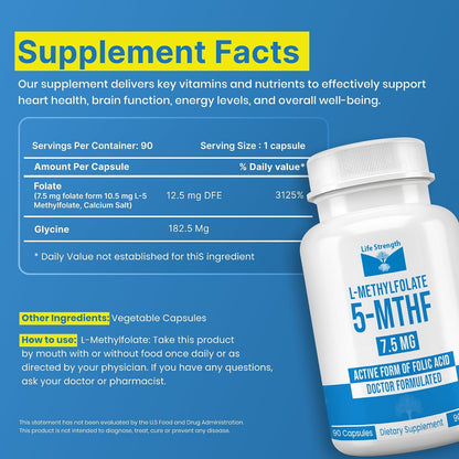 LifeStrength L-Methylfolate 7.5mg – 90 Capsules, Optimised & Highly Bioactive Methyl Folate Supplement
