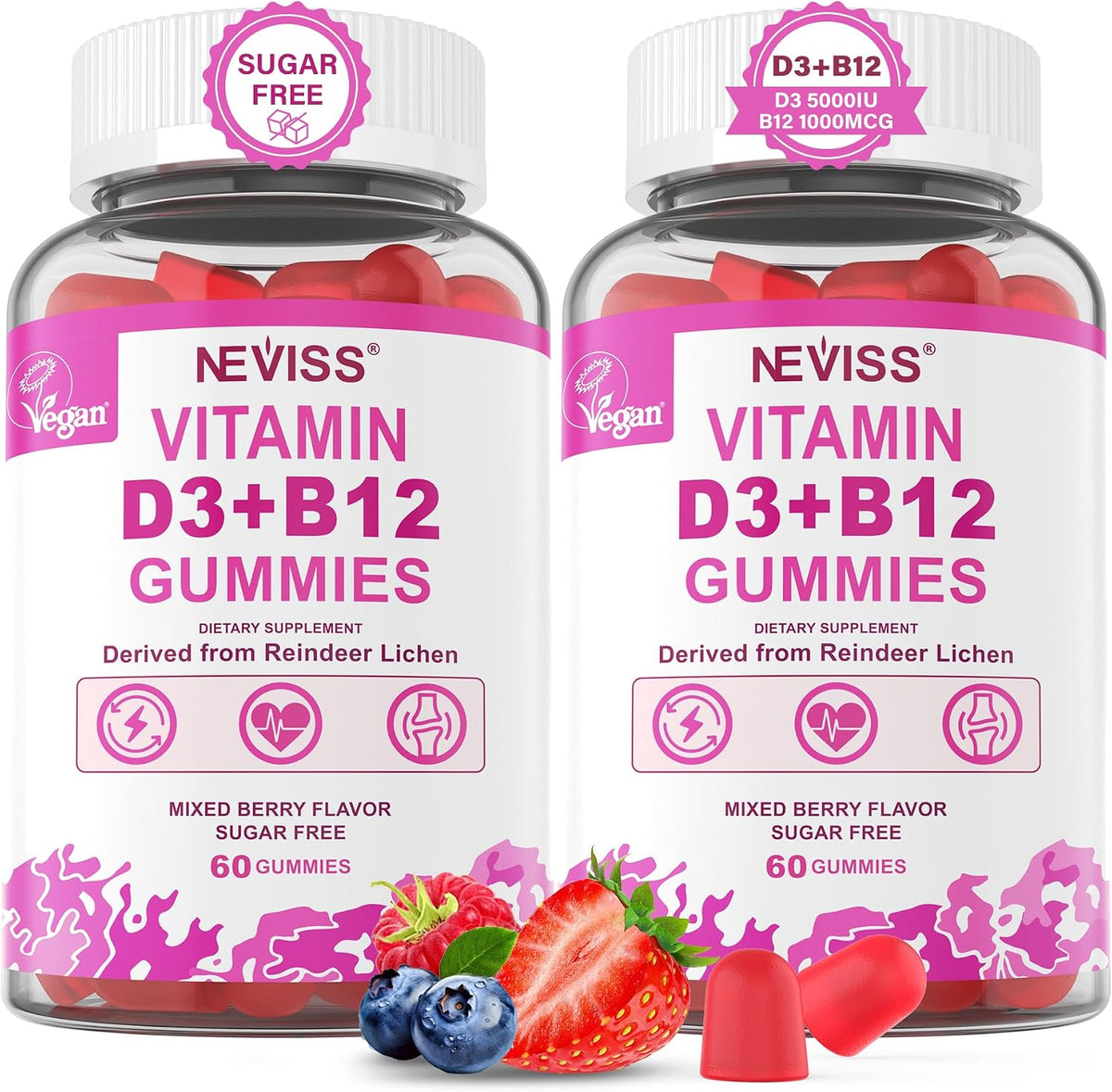 NEVISS 2-Pack Vegan Vitamin D3 + Vitamin B12 Gummies, High Potency D3 5000IU & 1000mcg Methylated B12, Vitamin D3 and B12 for Adults, Support Bone Health, Immune & Energy Supplement, 120 Count - görsel 1