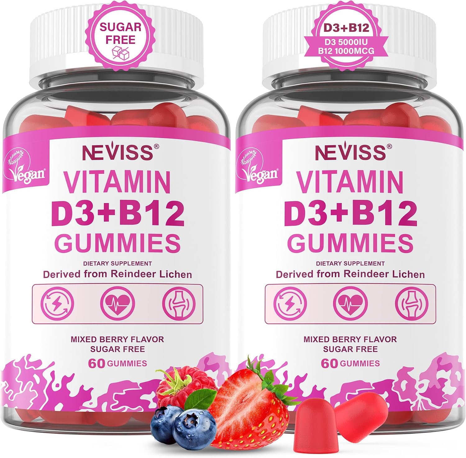 NEVISS 2-Pack Vegan Vitamin D3 + Vitamin B12 Gummies, High Potency D3 5000IU & 1000mcg Methylated B12, Vitamin D3 and B12 for Adults, Support Bone Health, Immune & Energy Supplement, 120 Count - görsel 1