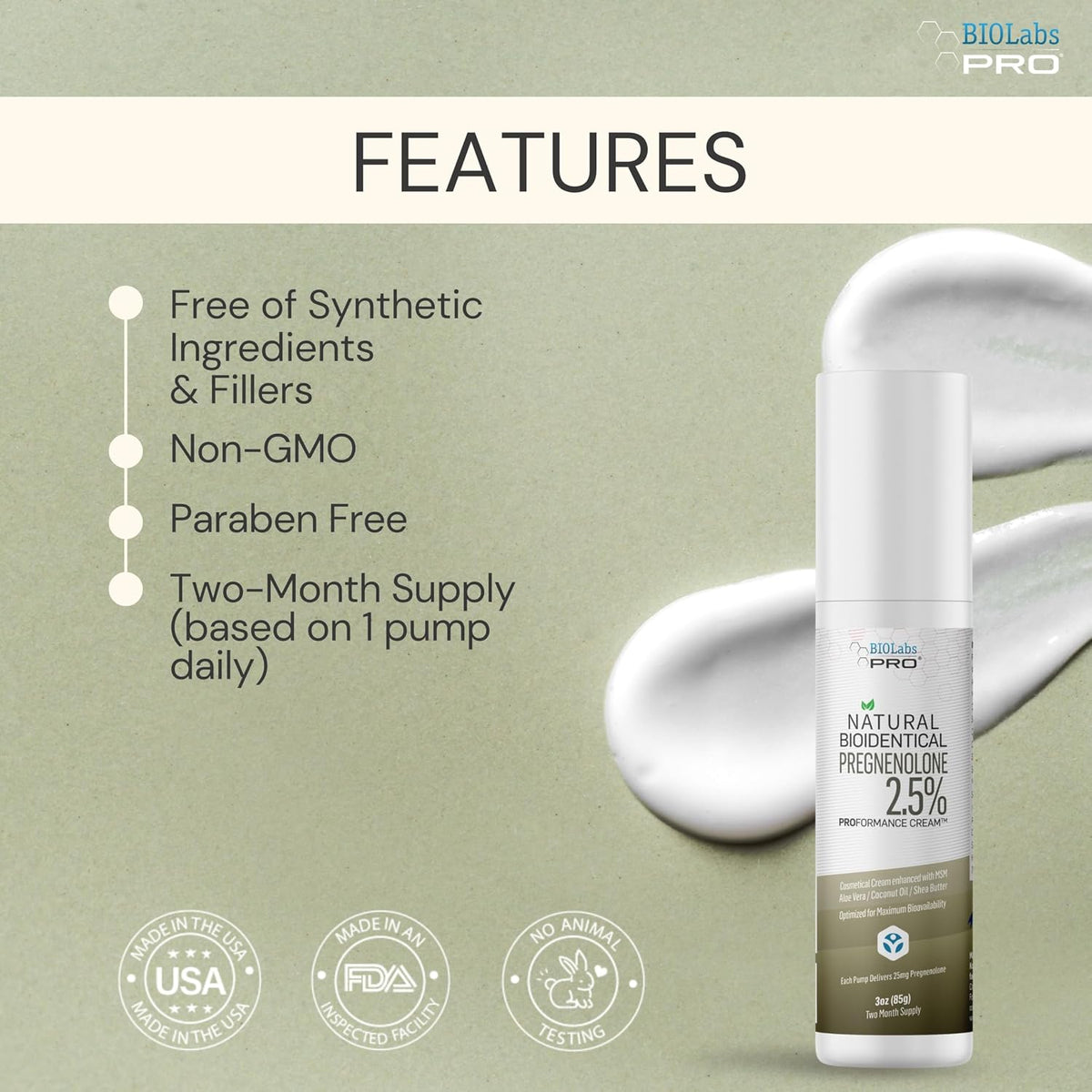 BIOLABS PRO Pregnenolone Cream 2.5% - Natural Bioidentical - Unscented 85g (Two-Month Supply) - görsel 3
