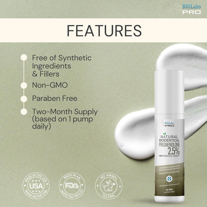 BIOLABS PRO Pregnenolone Cream 2.5% - Natural Bioidentical - Unscented 85g (Two-Month Supply)