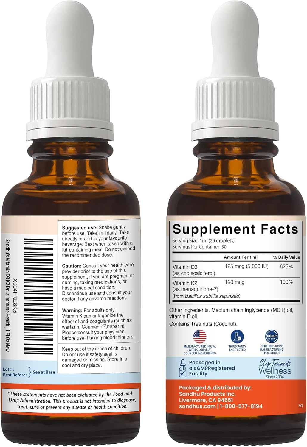 Sandhu's Vitamin D3 K2 Drops - 5000 IU D3 + 120 mcg K2 - Liquid Supplement, 1 fl oz (Pack of 2) - görsel 4