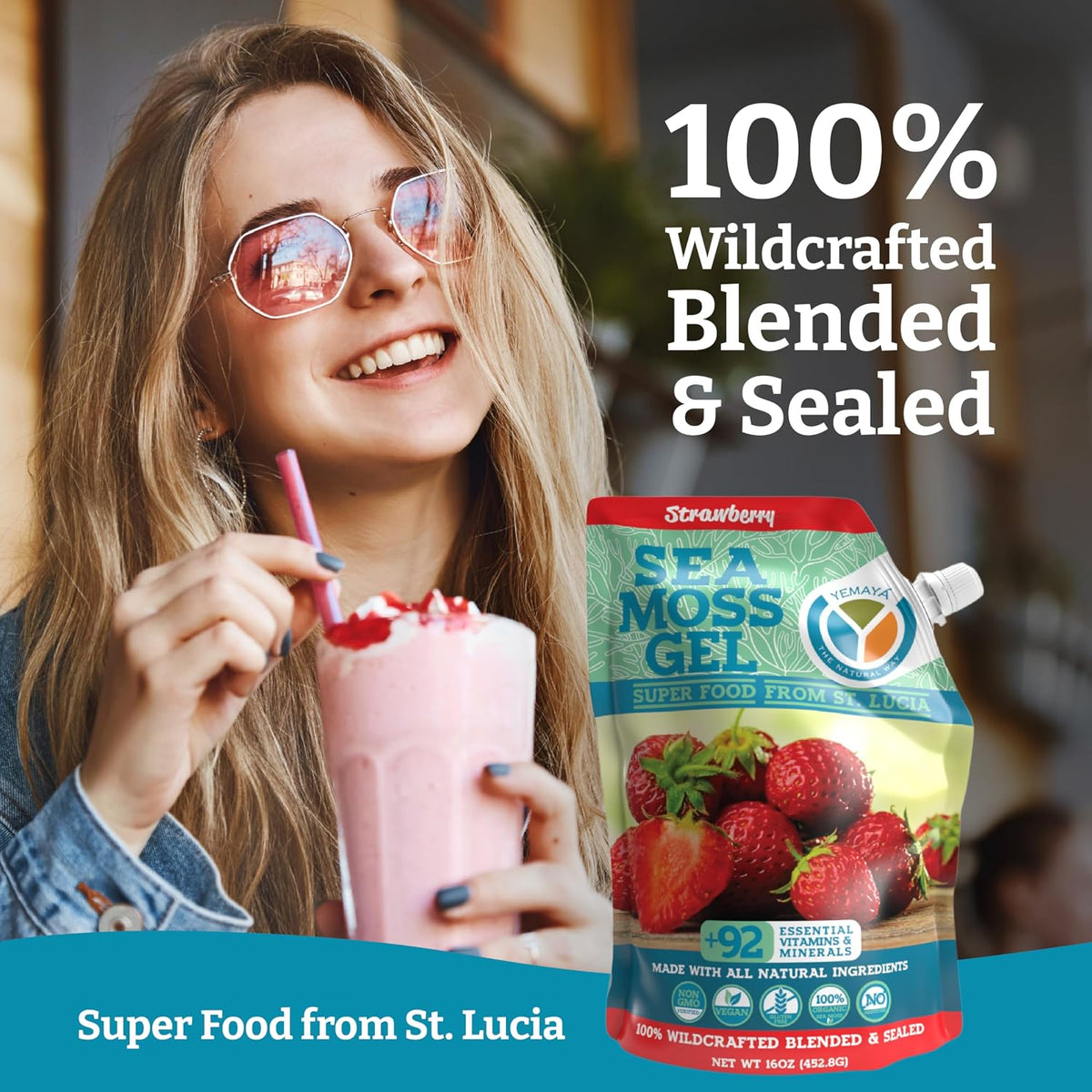 Yemayá Organic Sea Moss Gel - Wildcrafted Raw Seamoss with Real Fruit, 454 g (Strawberry) - görsel 3