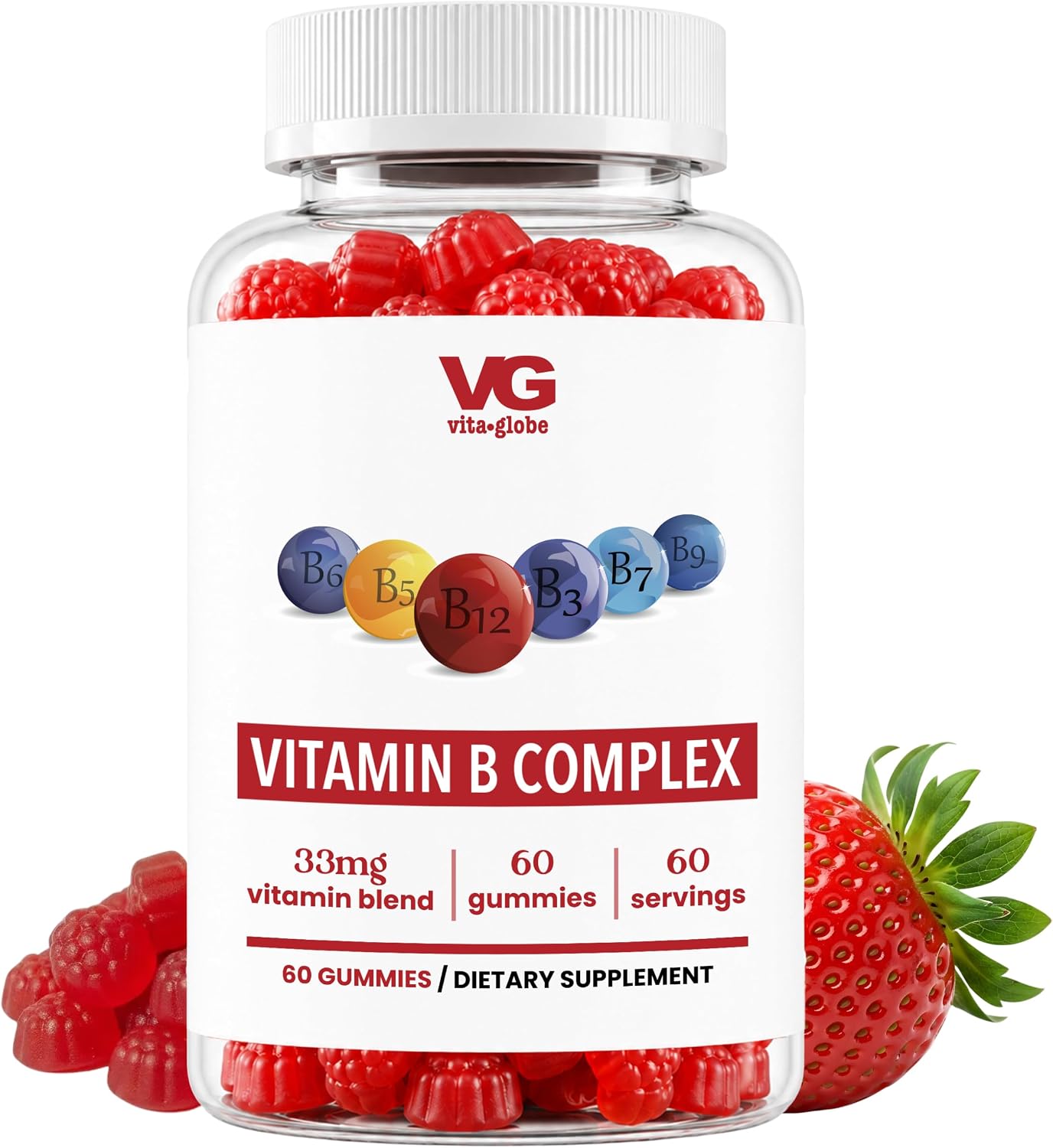 VITA GLOBE B Complex Gummy Vitamins – Strawberry Flavour with Vitamin C, Niacin, B6, B12 and Biotin, Daily Food Supplement for Energy, Metabolism and Cognitive Support, 60 Gummies - görsel 1