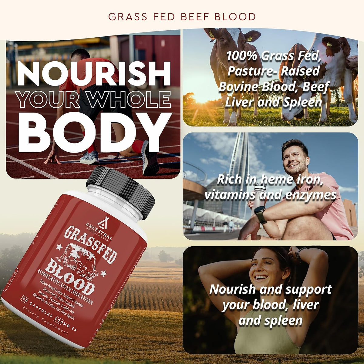 Ancestral Supplements Grass Fed Blood, Liver and Spleen Formula, 500mg, 180 Capsules - görsel 3