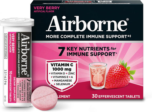Airborne Immune Support Effervescent Tablets, Very Berry Flavour – 30 Tablets with 1000mg Vitamin C + Vitamins A, D, E, Zinc, Selenium, Manganese & Herbal Blend – Sugar-Free, Gluten-Free
