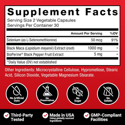 Force Factor Black Maca Root Supplement for Men - 1000mg Maca Negra Extract with BioPerine, 120 Capsules (2-Pack)