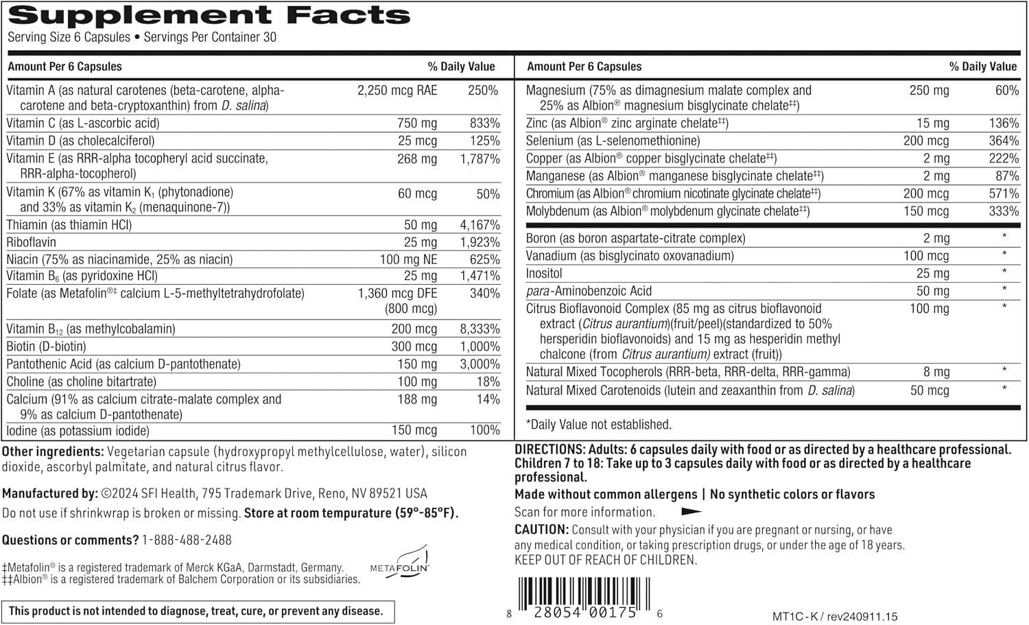 Klaire Labs MultiThera 1 Plus K Iron-Free Multivitamin with Active Folate & Vitamin K (180 Capsules) - görsel 4