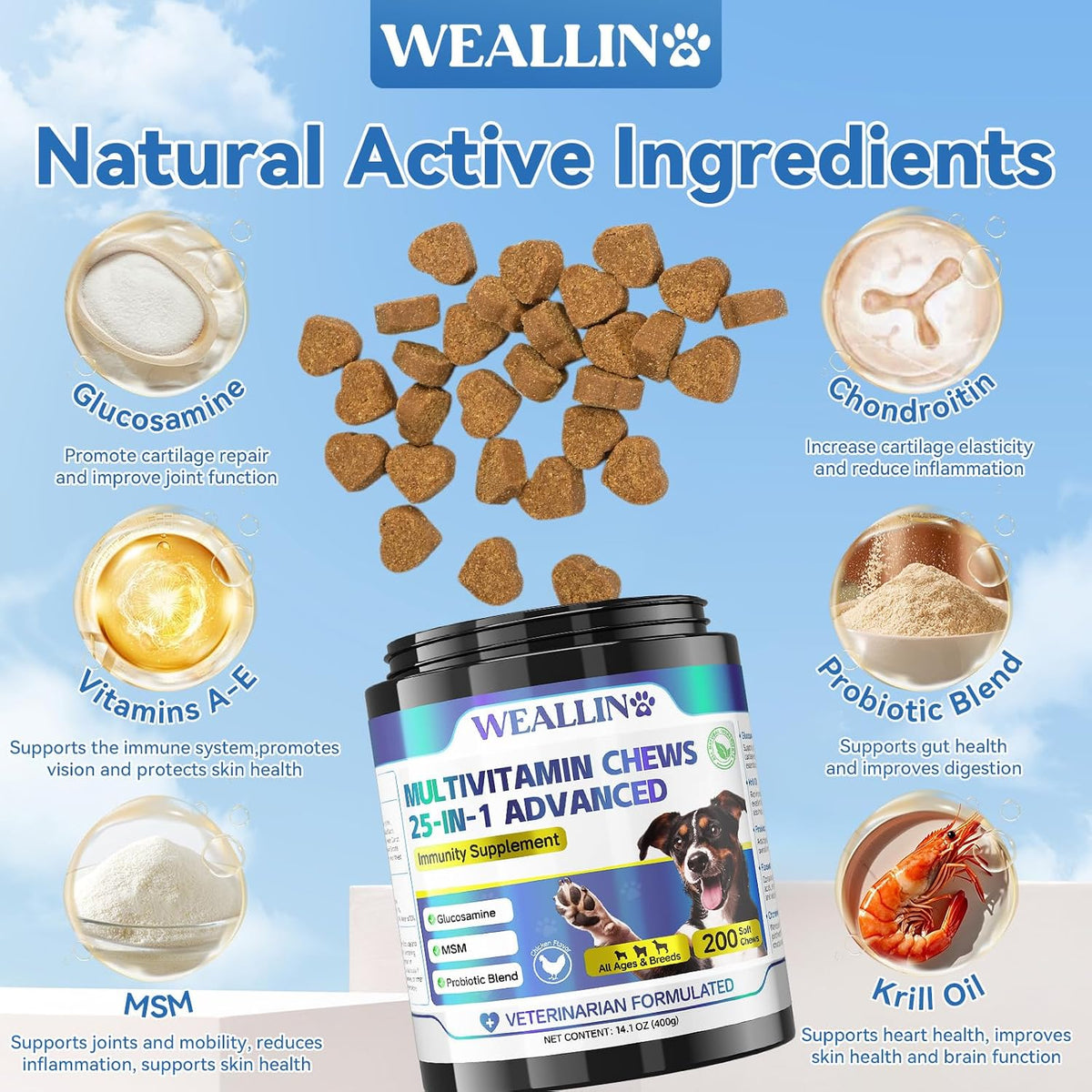 WEALLIN 25-in-1 Dog Multivitamin Chewable - Glucosamine, Probiotics, Omega-3 for Coat, Joints, Digestion and Immunity (200 Chews) - görsel 3