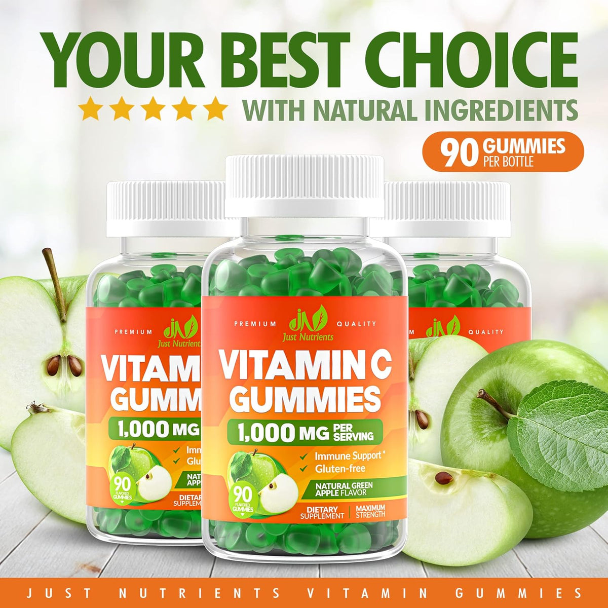 Just Nutrients Vitamin C 1000mg Gummies - Maximum Strength Chewable Immune & Collagen Support, Natural Green Apple Flavour, 90 Count - görsel 4