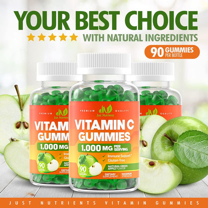 Just Nutrients Vitamin C 1000mg Gummies - Maximum Strength Chewable Immune & Collagen Support, Natural Green Apple Flavour, 90 Count
