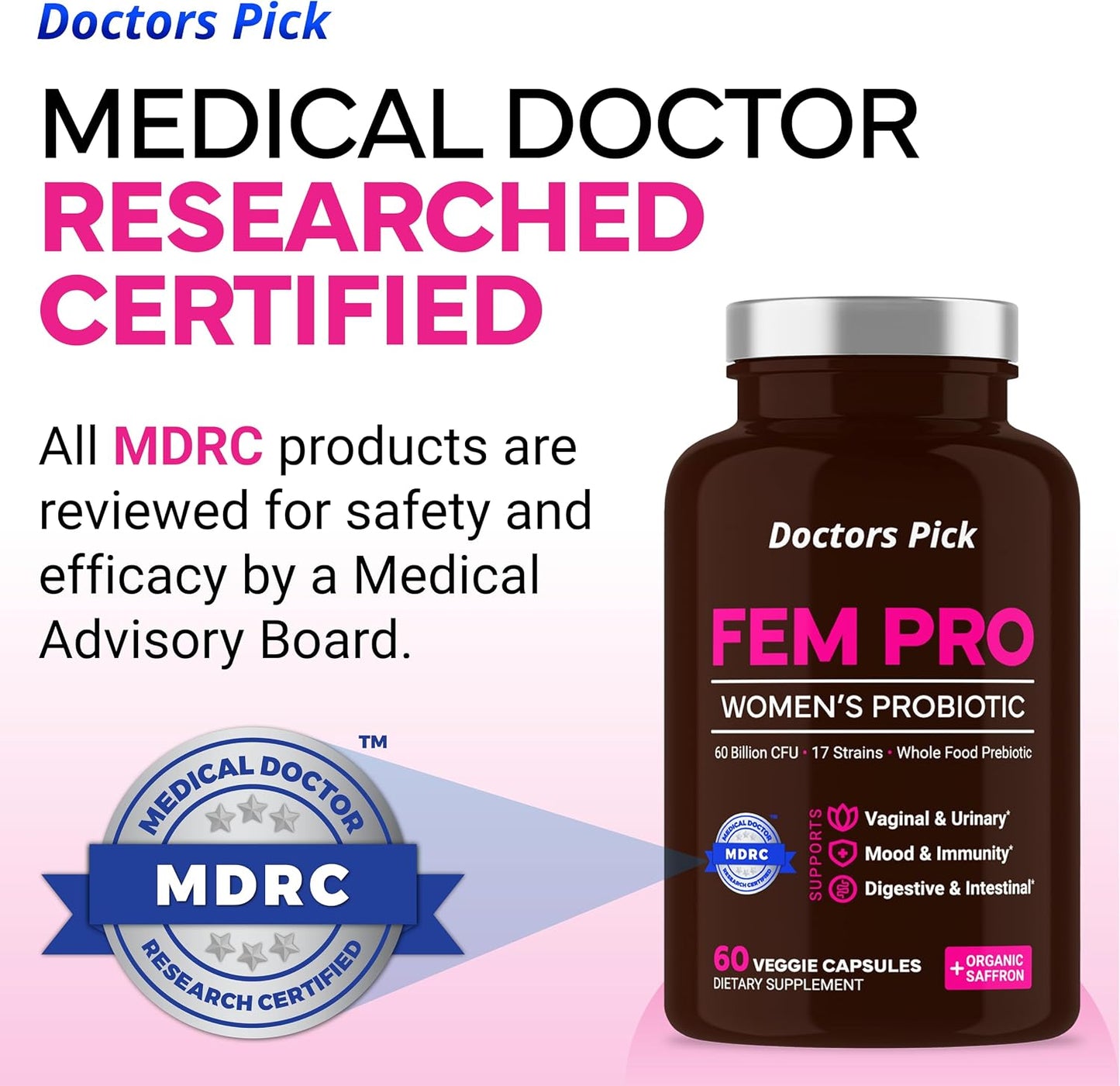 Doctors Pick Fem Pro Probiotics for Women. 17 Clinically Effective Strains for Vaginal, Digestive & Immune Support, Urinary Tract Health, pH Balance and Mood. 60 Veggie Capsules, 2 Month Supply - görsel 5