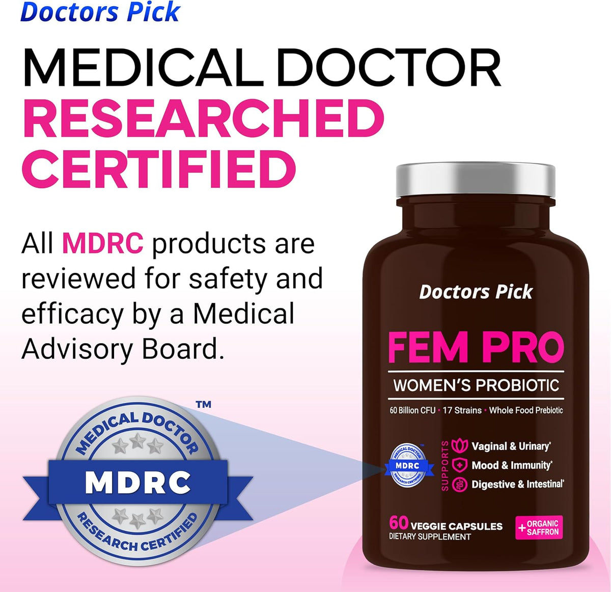 Doctors Pick Fem Pro Probiotics for Women. 17 Clinically Effective Strains for Vaginal, Digestive & Immune Support, Urinary Tract Health, pH Balance and Mood. 60 Veggie Capsules, 2 Month Supply - görsel 5