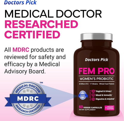 Doctors Pick Fem Pro Probiotics for Women. 17 Clinically Effective Strains for Vaginal, Digestive & Immune Support, Urinary Tract Health, pH Balance and Mood. 60 Veggie Capsules, 2 Month Supply