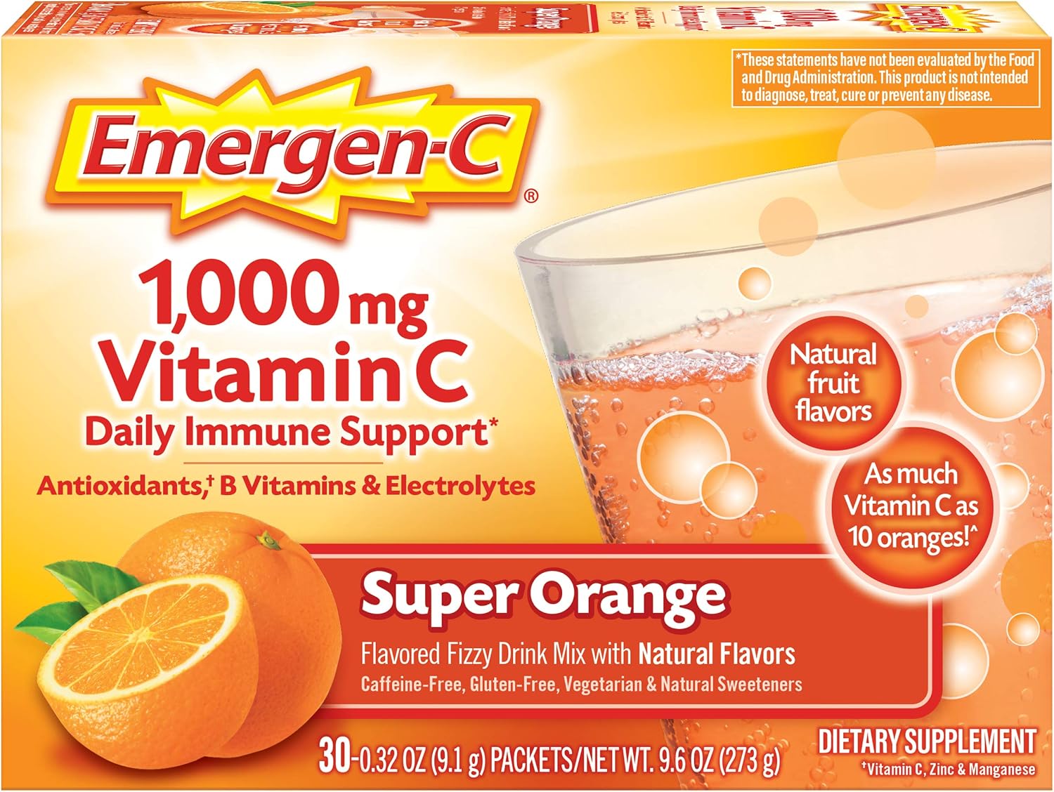 Emergen-C 1000mg Vitamin C Powder for Immune Support, Super Orange, 30 Sachets - görsel 1