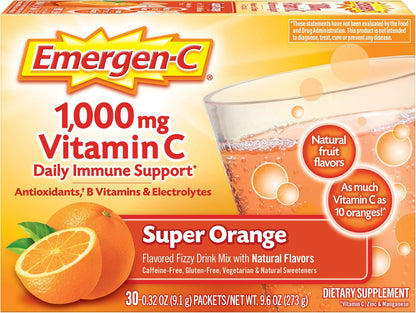 Emergen-C 1000mg Vitamin C Powder for Immune Support, Super Orange, 30 Sachets