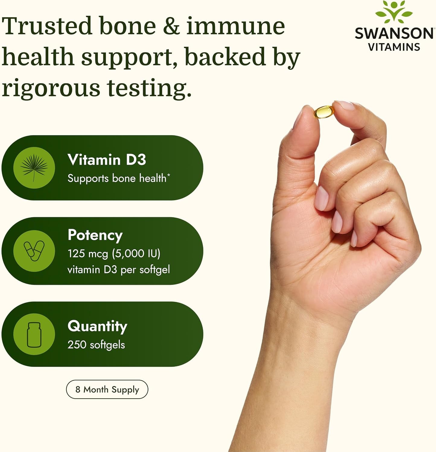 Swanson Vitamin D3 5,000 IU (125 mcg) – 250 Softgels - görsel 3