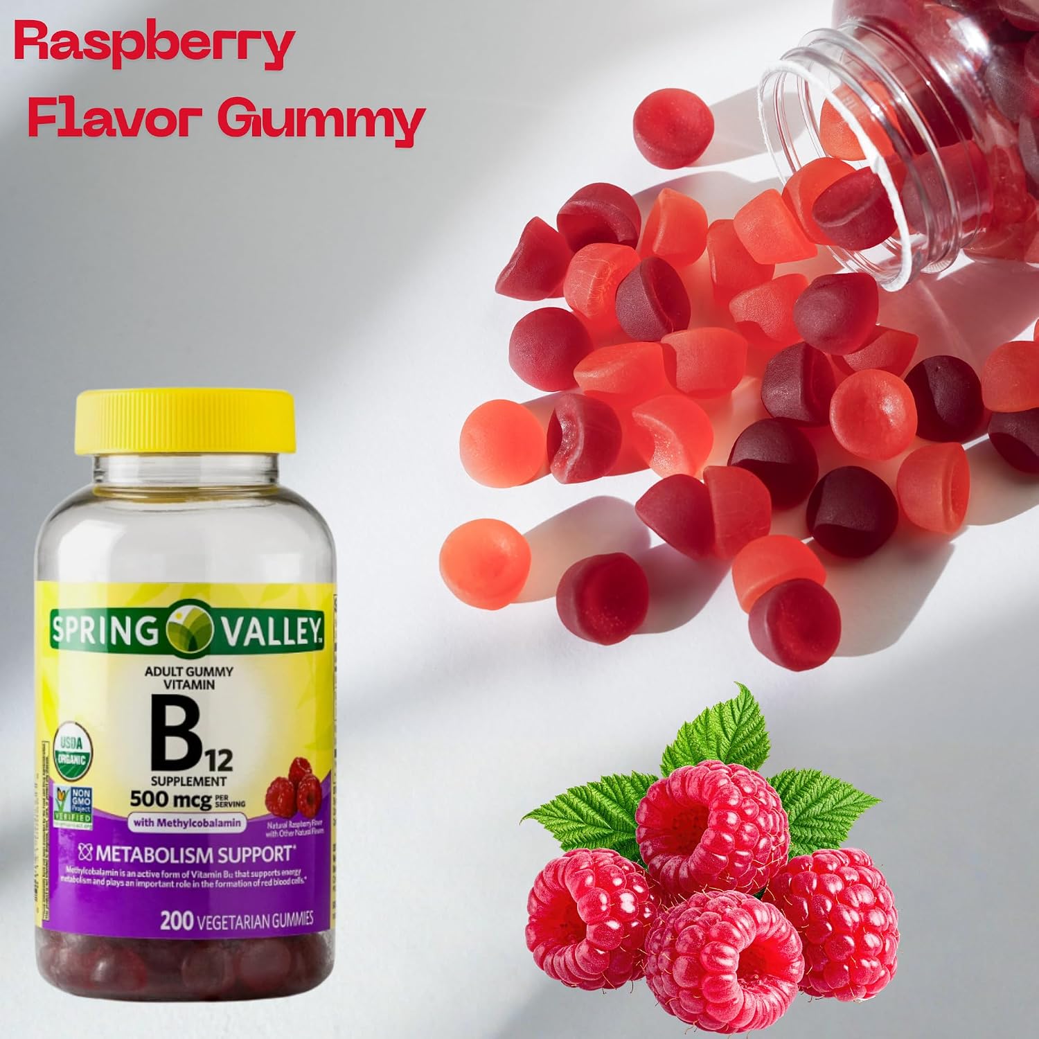 B12 500 mcg Spring Valley Raspberry Flavour Gummy Vitamins, 200 Count - görsel 6