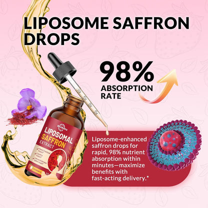 ReviNutra Saffron Liposomal Liquid Drops - 88.5mg Saffron Extract with Ashwagandha, Magnesium, L-Theanine, Zinc, B6 & D3 - Mood, Stress, Focus and Vision Support - Strawberry Flavour - 60 ml