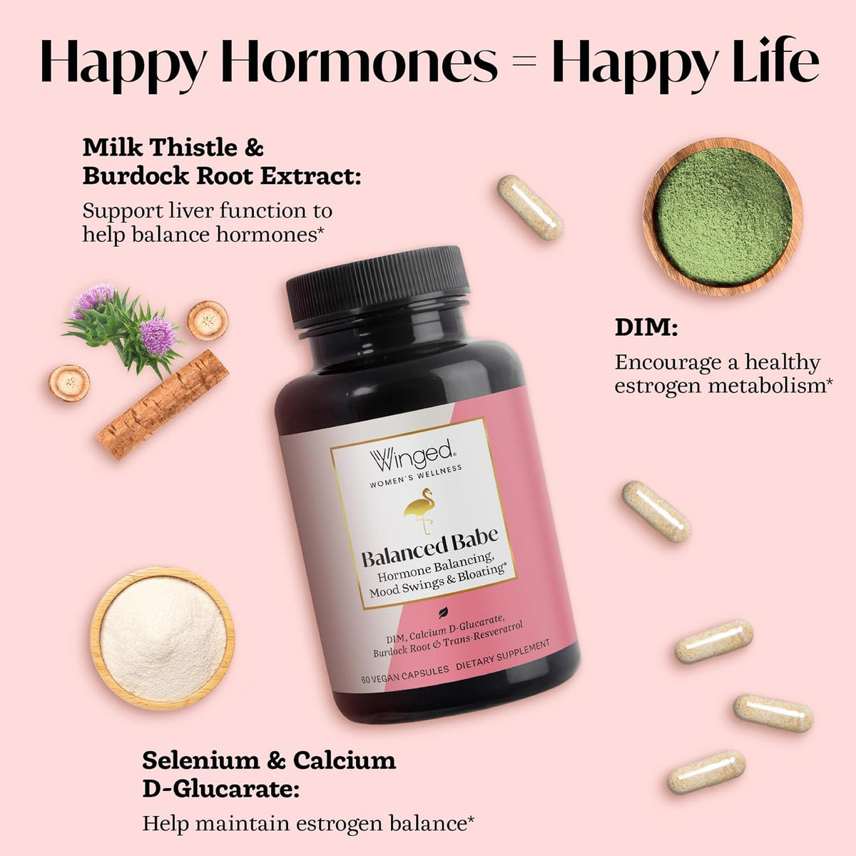 Winged Wellness Balanced Babe - Hormone Balance & Oestrogen Detox Supplement for Women with DIM & Milk Thistle, 60 Capsules - görsel 3