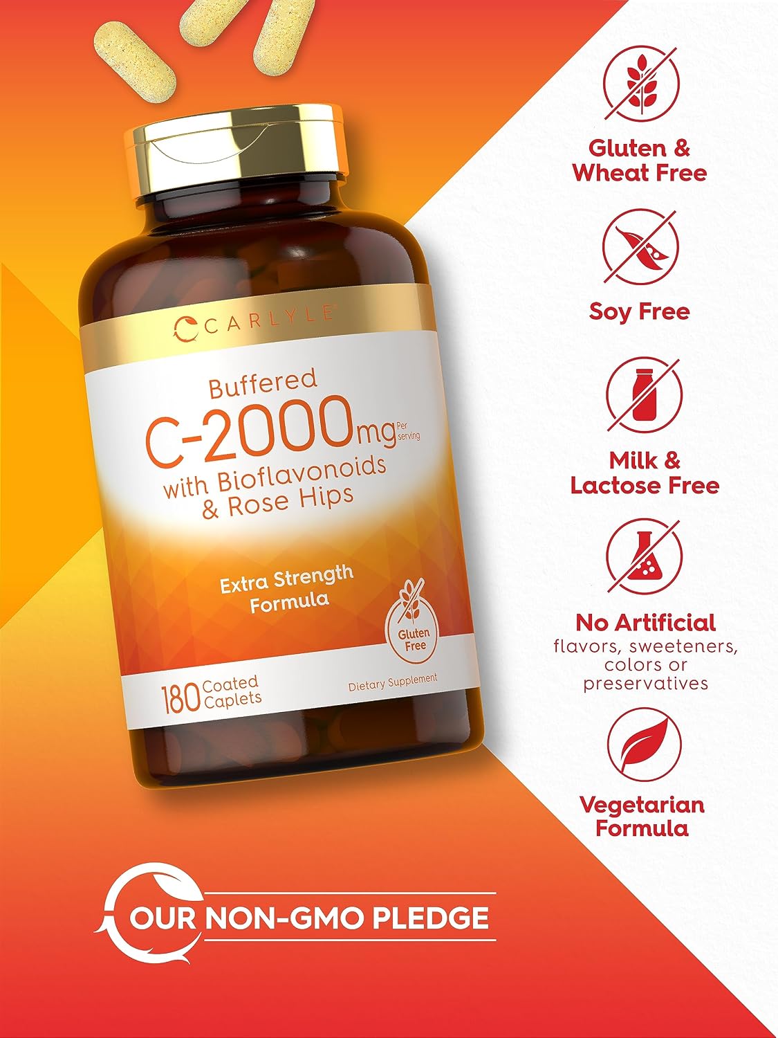 Carlyle Buffered Vitamin C | 2000mg | 180 Caplets | with Bioflavonoids and Rose Hips | Vegetarian, Non-GM, and Gluten-free Food Supplement - görsel 4