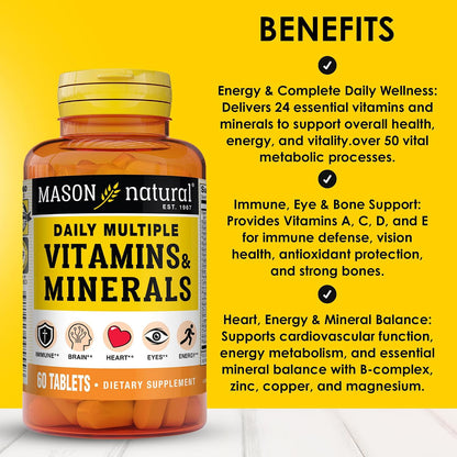 MASON NATURAL Daily Multivitamin with Minerals, 24 Essential Nutrients for Overall Health, 60 Tablets