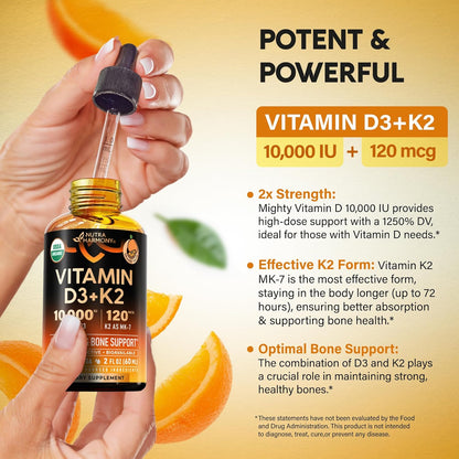 NUTRAHARMONY Vitamin D3 K2 USDA Organic Drops - 10,000 IU D3 & 120 µg MK-7 - Immune & Bone Support - Sugar-Free Orange Flavour - 60 ml