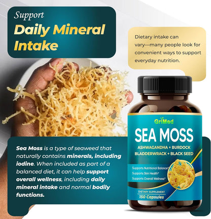 Premium Sea Moss with Ashwagandha, Burdock, Bladderwrack, and Black Seed – Immune, Digestive & Energy Support (150 Capsules)