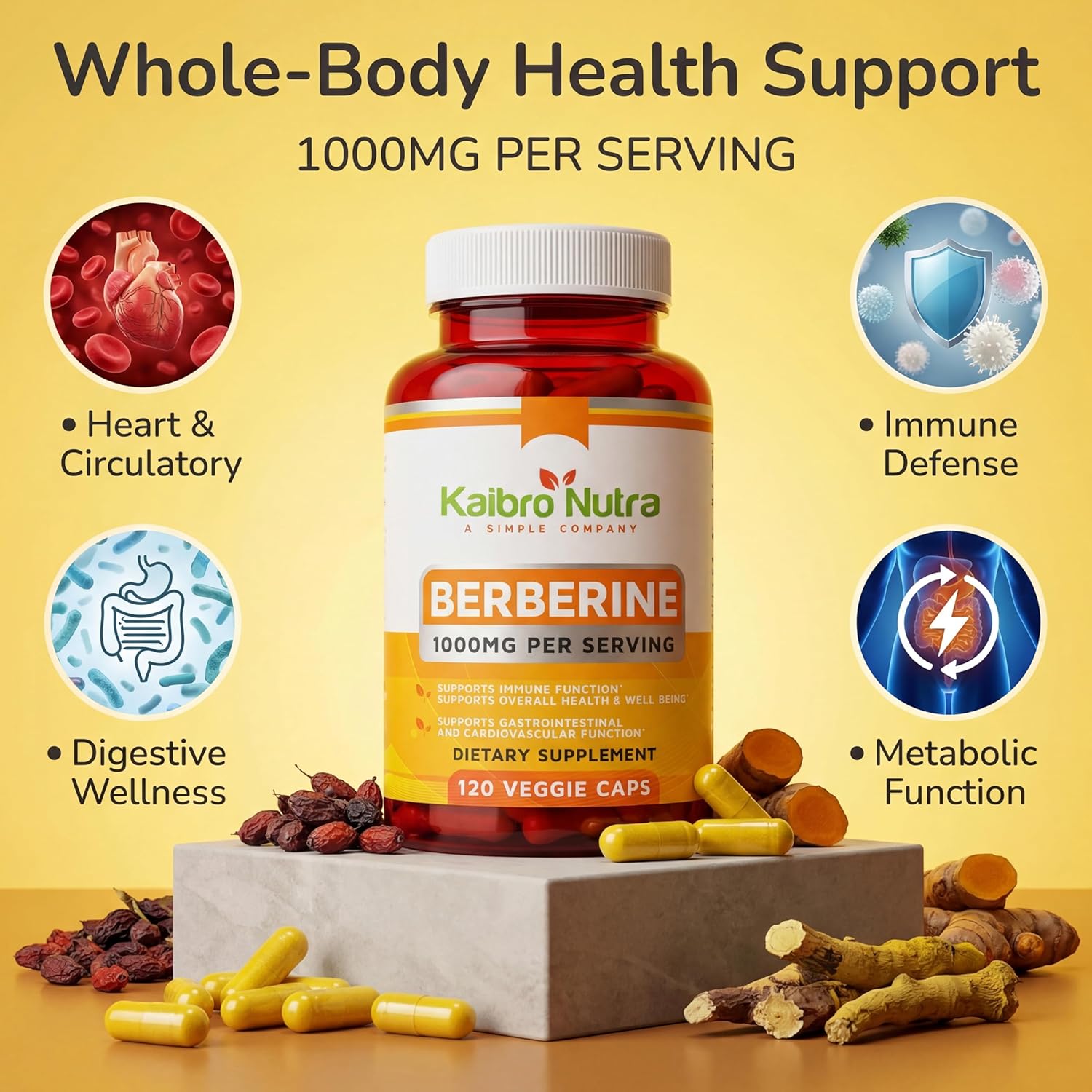 Berberine HCL Supplement 1000mg – Immune System, Glucose Support, Circulatory & Gastrointestinal Health – Vegan & Gluten-Free (120 Capsules) - görsel 3