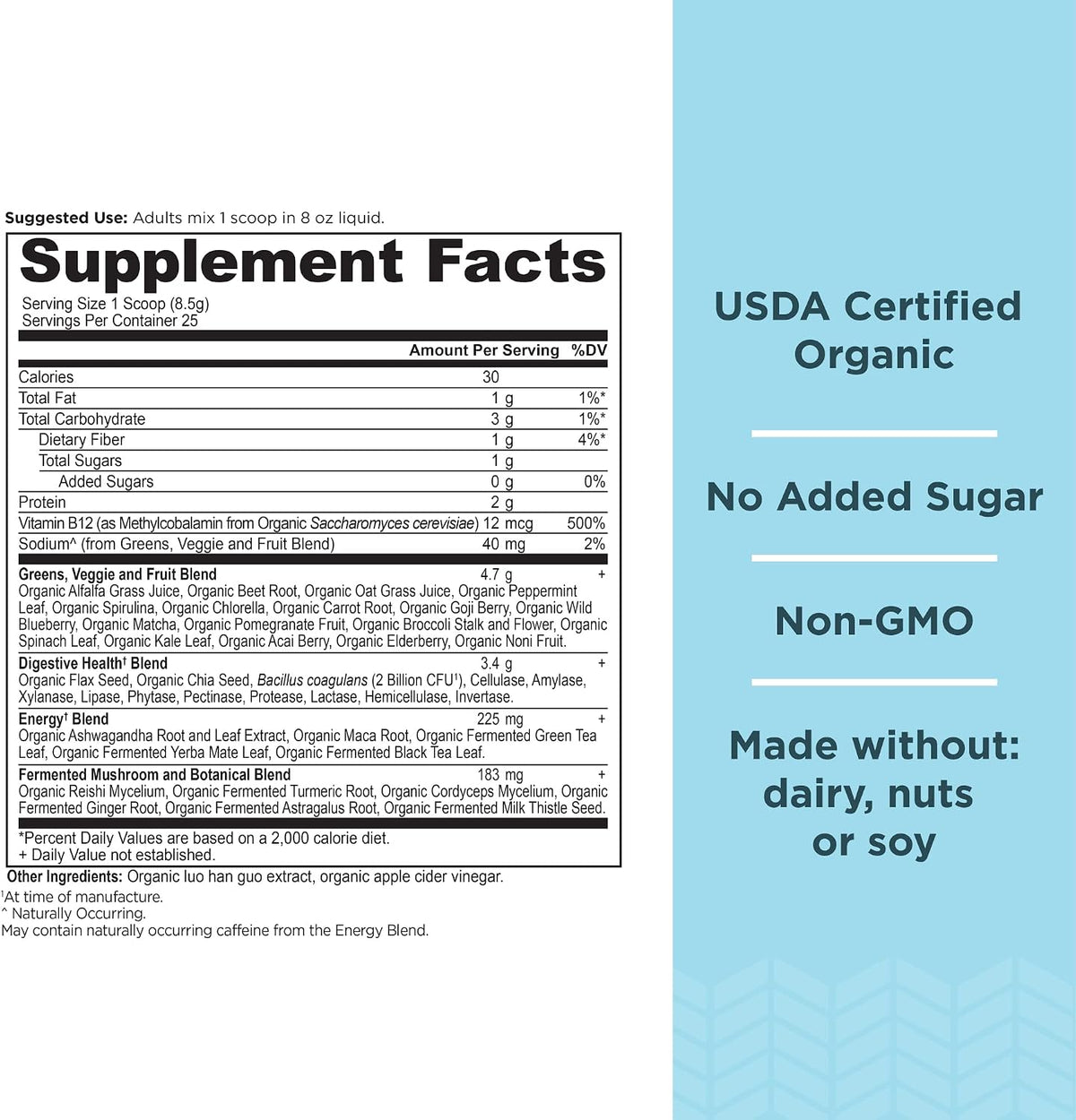 Ancient Nutrition Organic SuperGreens Energiser Powder with Probiotics and B12, Made from Real Fruits, Vegetables and Herbs, for Digestive, Detoxification and Energy Support, 25 Servings - görsel 2