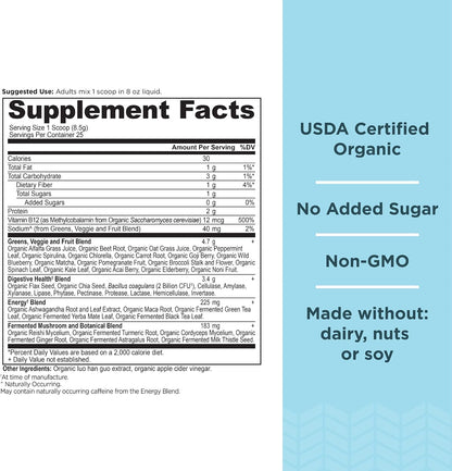 Ancient Nutrition Organic SuperGreens Energiser Powder with Probiotics and B12, Made from Real Fruits, Vegetables and Herbs, for Digestive, Detoxification and Energy Support, 25 Servings