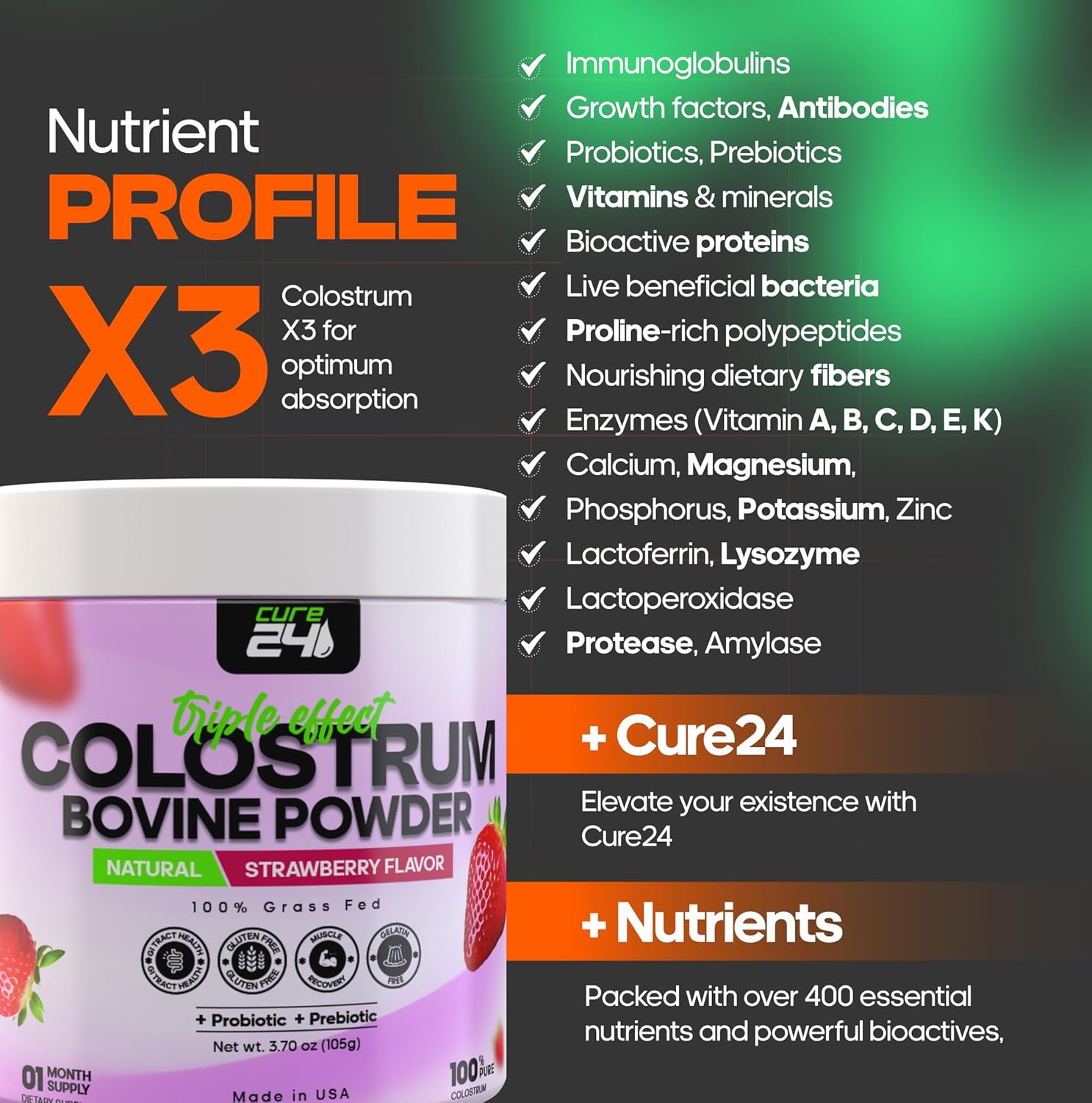 Cure24 Bovine Colostrum X3 Supplement Powder, 100% Pure Grass-Fed with Probiotics & Prebiotics – Unflavoured - görsel 5