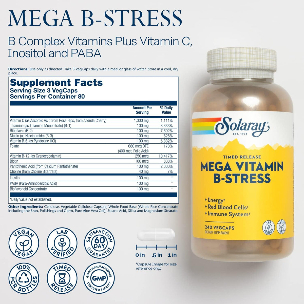 SOLARAY Mega Vitamin B-Stress - Timed Release Vitamin B Complex with Vitamin B12, B6, Folic Acid, and Vitamin C - Vegan, 240 Tablets - görsel 2