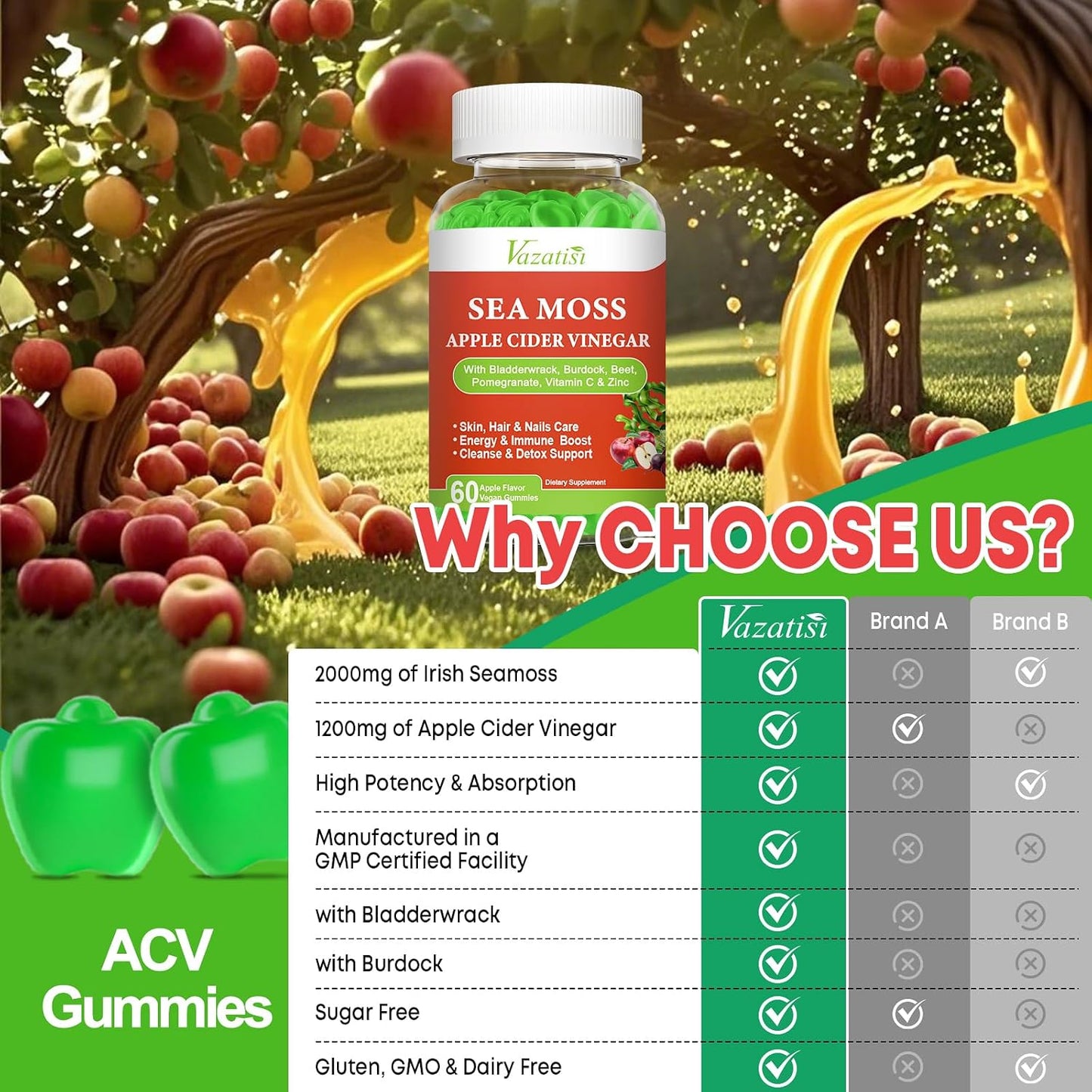 Vazatisi Apple Cider Vinegar Gummies with Sea Moss for Metabolism, Digestion & Immune Health - Apple Flavoured, 60 Count - görsel 6
