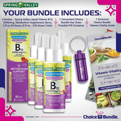 Choice Bundle Spring Valley Liquid Vitamin B12 5000 mcg Food Supplement Natural Berry Flavour 2 fl oz (60 ml) 4 Pack (approx. 240 ml Total) + Vitamin Guide and Keychain Pill Holder (6 Items)