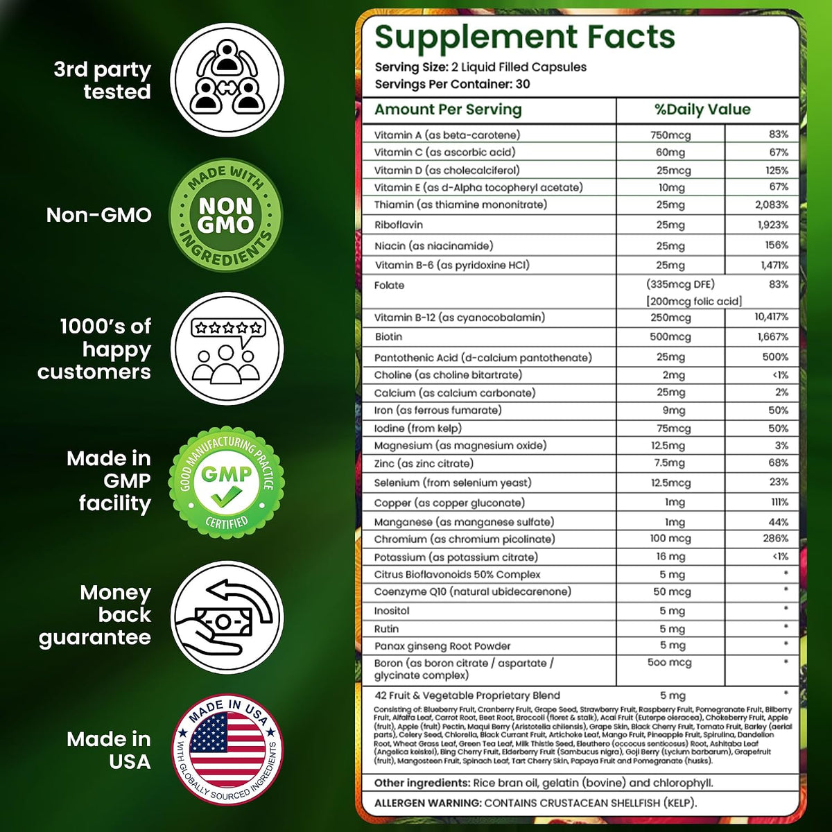 Multivitamin and Mineral Capsules with Zinc and Premium 42 Fruit and Vegetable Blend for Immune Support | Daily Multivitamin Antioxidant Supplement | 60 Capsules - görsel 6