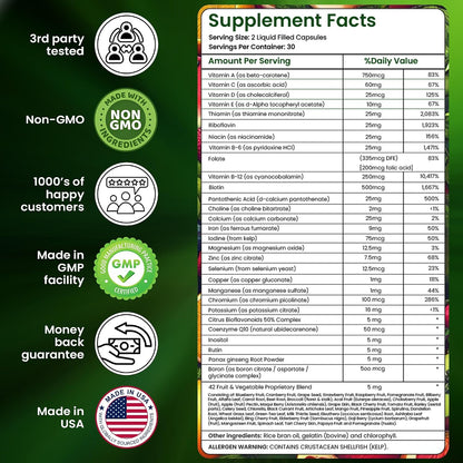 Multivitamin and Mineral Capsules with Zinc and Premium 42 Fruit and Vegetable Blend for Immune Support | Daily Multivitamin Antioxidant Supplement | 60 Capsules