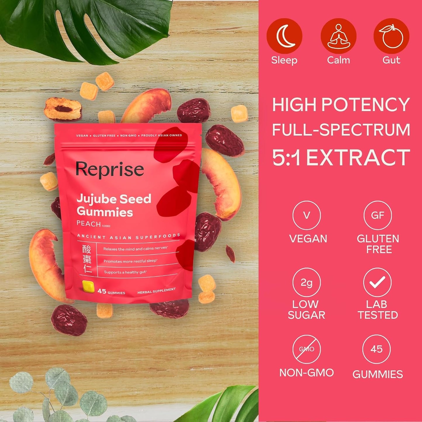 Reprise Jujube Seeds Daily Gummies - 300 mg Full-Spectrum Jujube for Relaxation & Restful Sleep, Vegan & Gelatin Free, Peach Flavoured, 40 Gummies - görsel 2