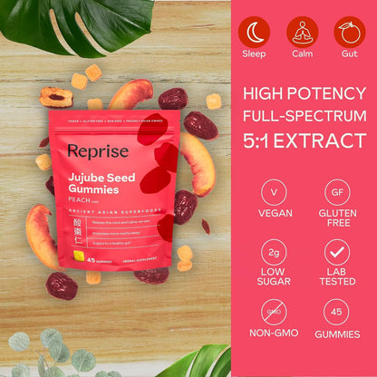 Reprise Jujube Seeds Daily Gummies - 300 mg Full-Spectrum Jujube for Relaxation & Restful Sleep, Vegan & Gelatin Free, Peach Flavoured, 40 Gummies