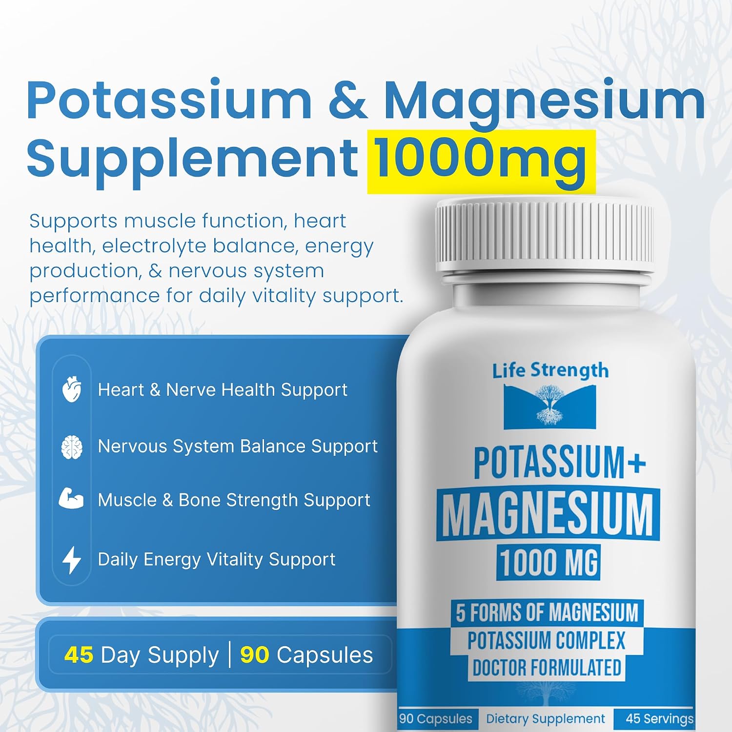 Life Strength Potassium Magnesium Supplement 1000mg – 90 Capsules - görsel 2