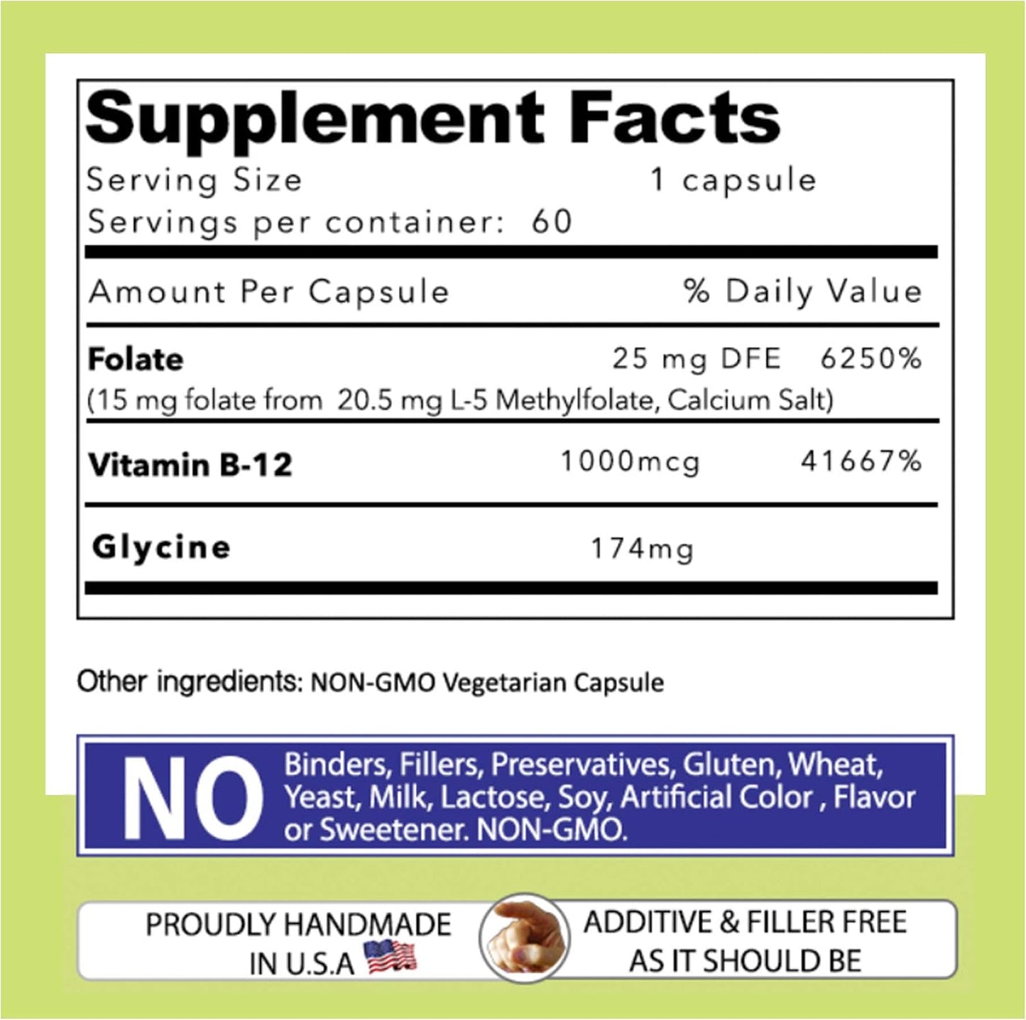 L-Methylfolate 15 mg + B12 1000 mcg Supplement – Methylated with Glycine, 60 Capsules - görsel 5