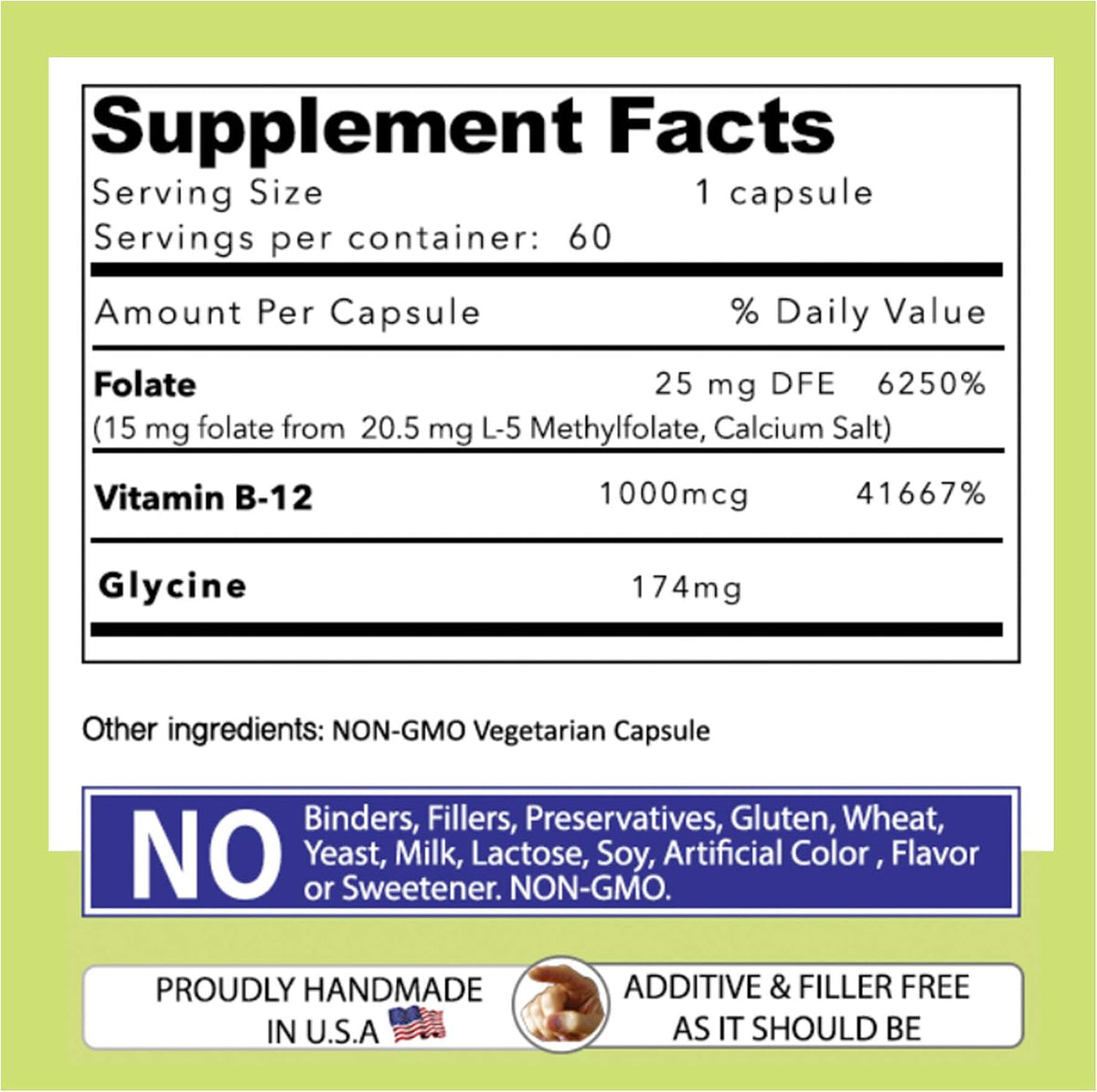 L-Methylfolate 15 mg + B12 1000 mcg Supplement – Methylated with Glycine, 60 Capsules - görsel 5