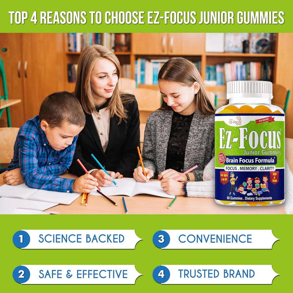 Ez-Focus Junior Brain Vitamins & Memory Supplements for Kids & Teens - Focus Gummies with DHA - 60 Chewable Gummies - görsel 6